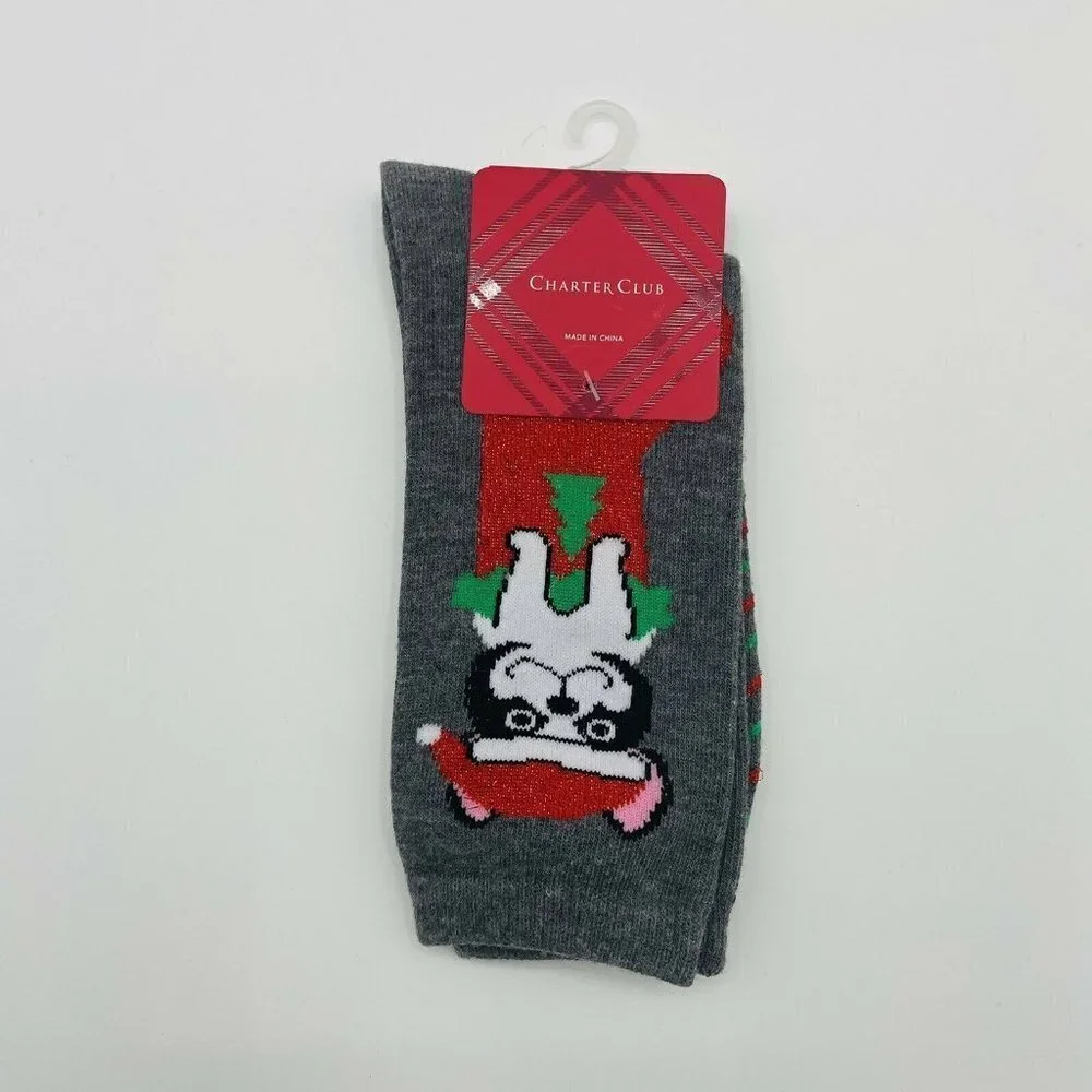 Charter Club Womens Sock Size 9-11 Christmas Frenchie Dog in Stocking Crew Socks